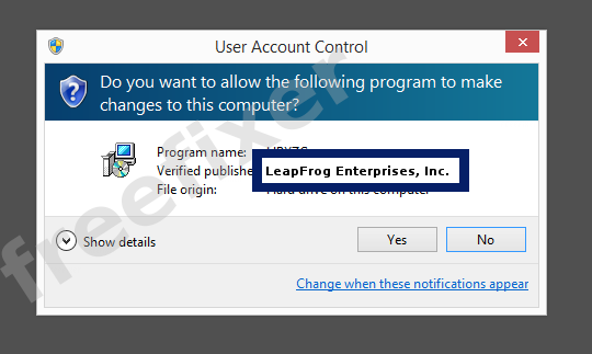 Screenshot where LeapFrog Enterprises, Inc. appears as the verified publisher in the UAC dialog